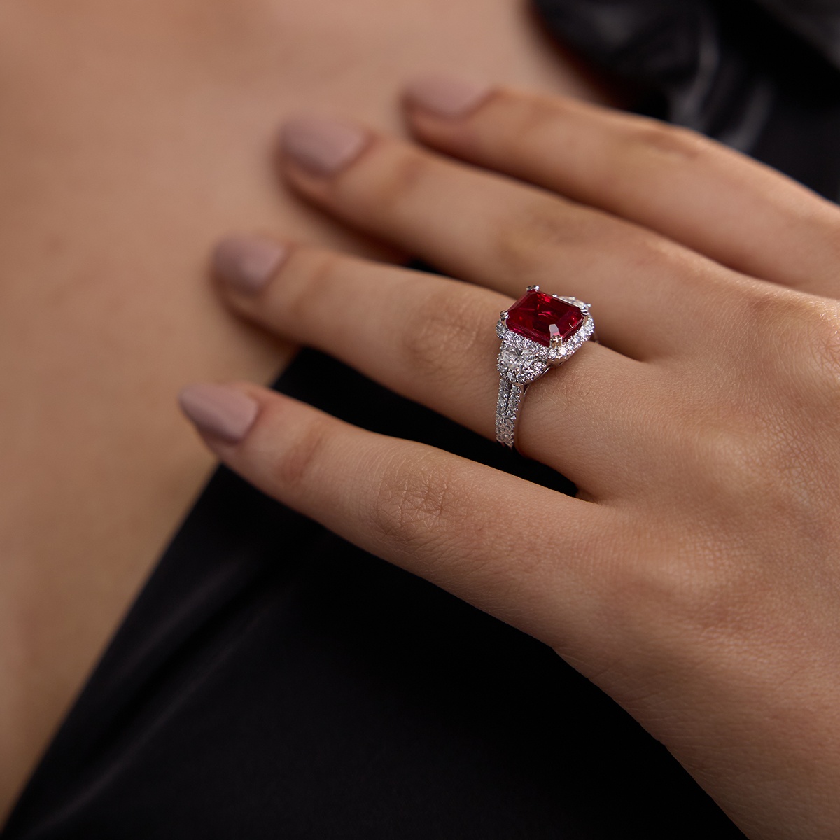 Additional Image 2 for  9X7 mm Radiant Cut Created Ruby and 7/8 ctw Round and Half Moon Lab Grown Diamond Side Stone Engagement Ring